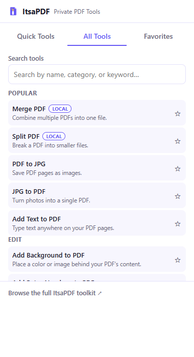 ItsaPDF Chrome extension popup showing the searchable catalog of all PDF tools