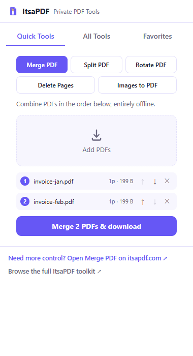 ItsaPDF Chrome extension popup showing the Merge PDF quick tool