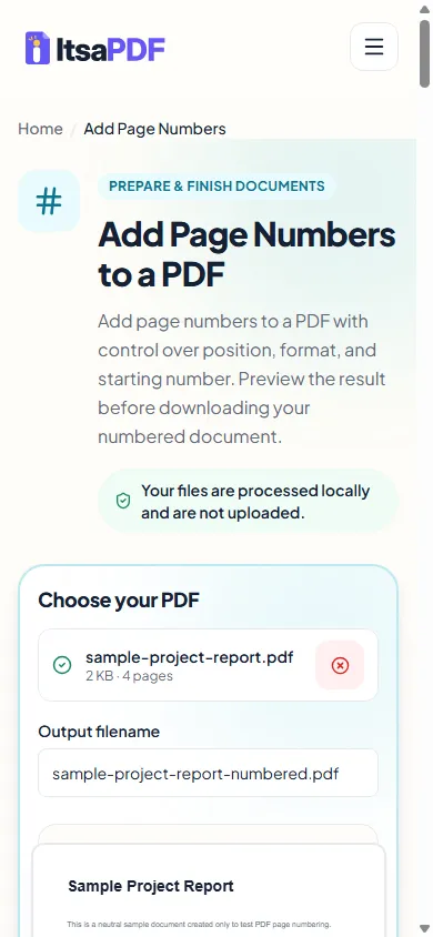 Adding page numbers to a PDF in a mobile browser