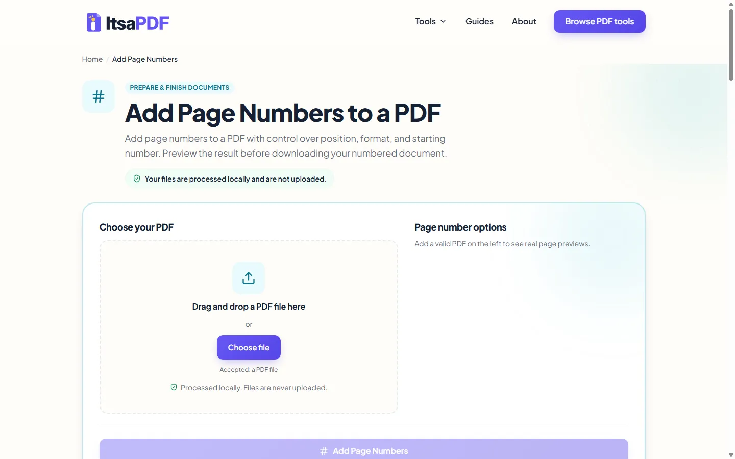ItsaPDF Add Page Numbers tool before selecting a PDF