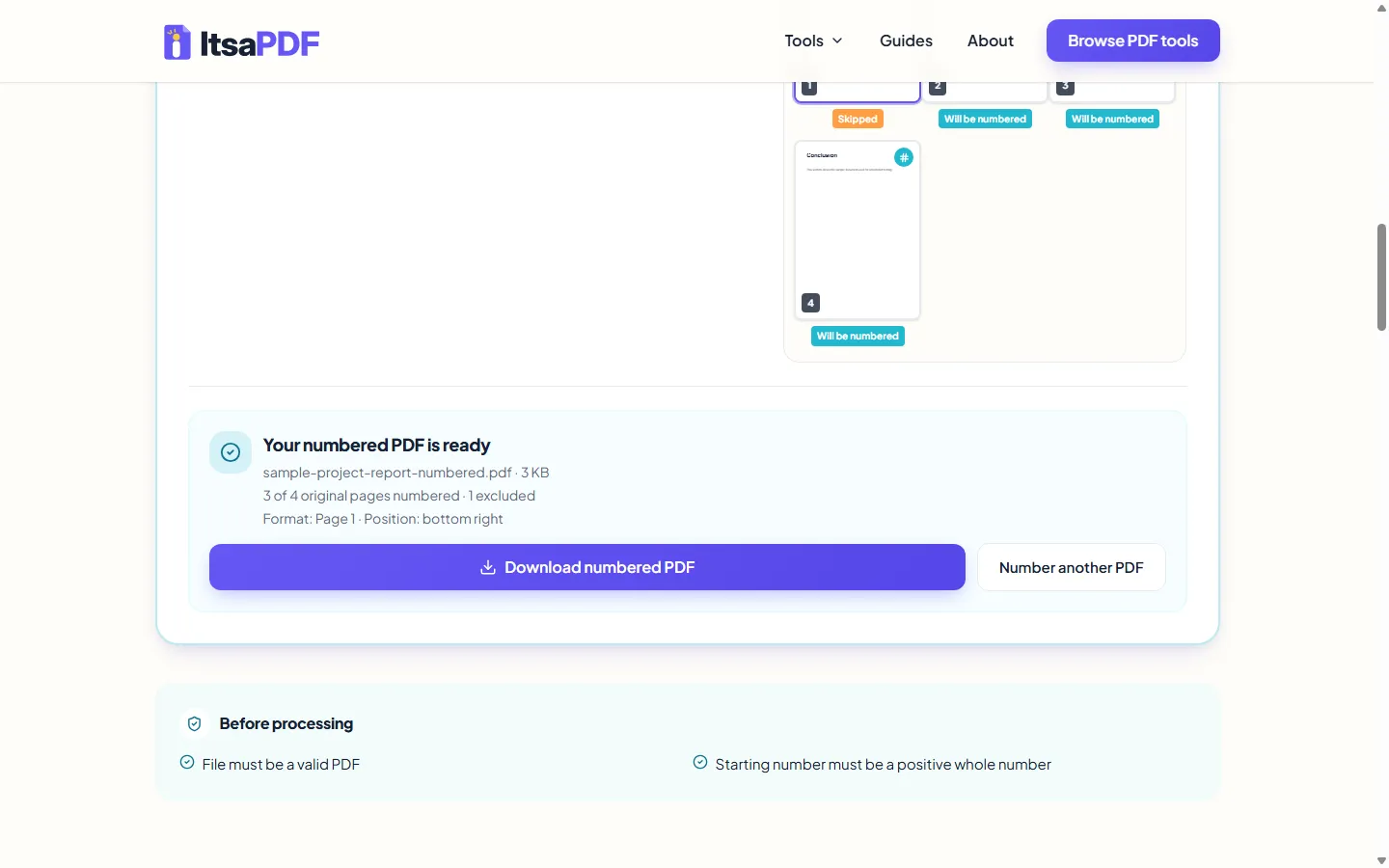 Downloading a PDF after adding page numbers