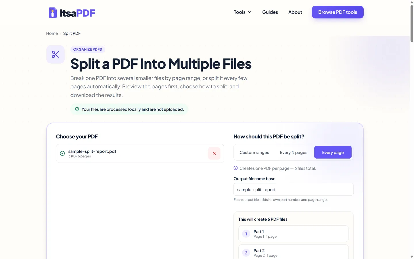 Every page split mode selected, showing the total file count for a six-page PDF