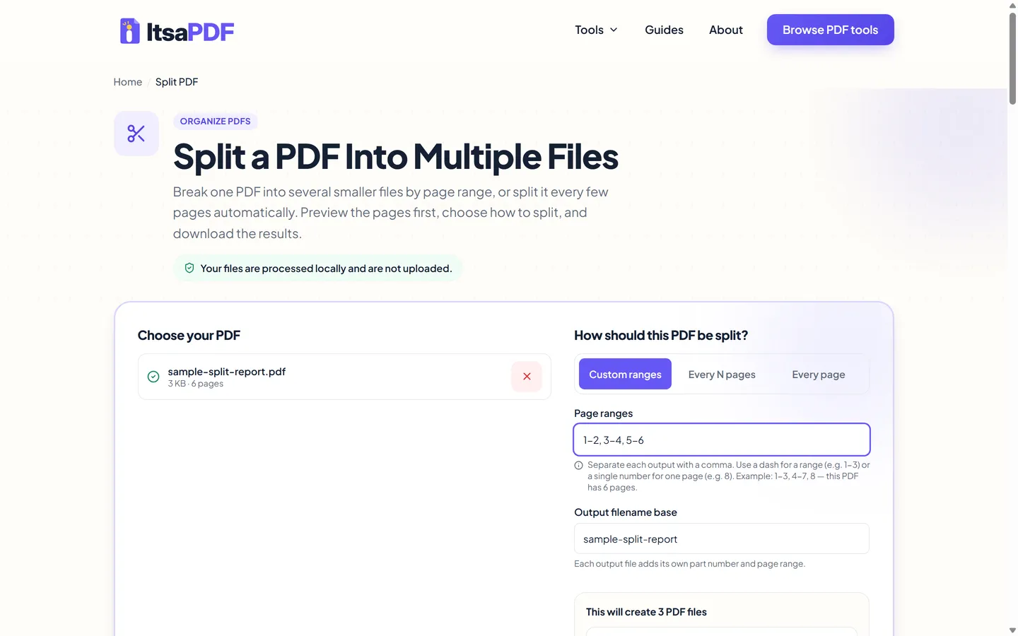 Custom page range typed into ItsaPDF showing a three-file split plan