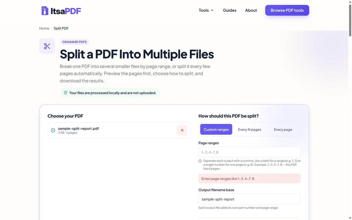 PDF loaded in ItsaPDF showing its page count and split mode options