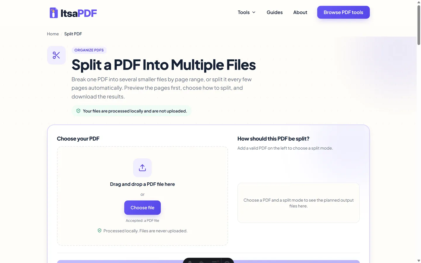 ItsaPDF Split PDF tool before selecting a file